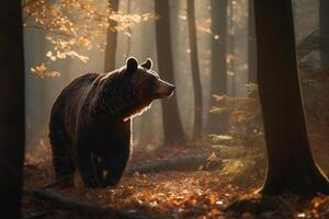 ai generado oso en pie todavía en el sereno bosque. creado con generativo ai foto