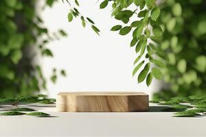 AI generated Natural Wooden Product Display Podium with Blurred Leafy Background - 3D Rendering. created with Generative AI photo