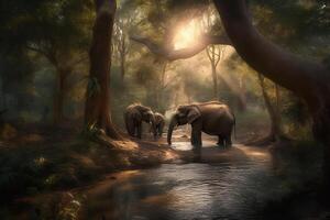 AI generated Elephants in Serene Forest Stream in their Natural Habitat. created with Generative AI photo