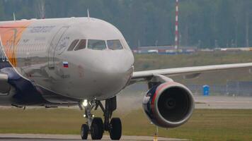 MOSCOW, RUSSIAN FEDERATION - JULY 29, 2021. Airbus A320, VQ-BEJ in PBC CSKA Moscow special livery Aeroflot Airlines taxiing to the runway at Sheremetyevo airport video