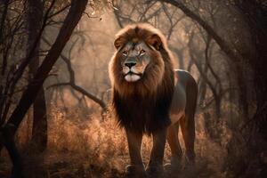 AI generated Majestic lion standing still in the forest. created with Generative AI photo