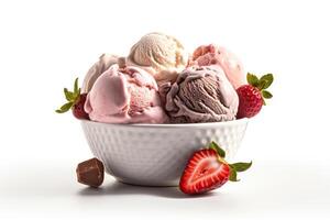 AI generated Chocolate, Vanilla, and Strawberry Ice Cream on a White Background. created with Generative AI photo