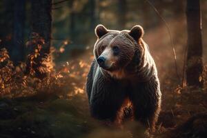 AI generated Bear Standing Still in the Serene Forest. created with Generative AI photo