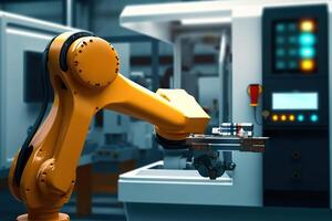 AI generated Smart Industrial Automation Advanced Robotic Arm in Modern Factory. created with Generative AI photo