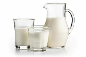 AI generated Natural Whole Milk Milk Jugs and Glasses Isolated on White Background. created with Generative AI photo