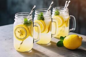 AI generated Refreshing Summer Lemonade in Mason Jars with Lemon Slices and Ice. created with Generative AI photo