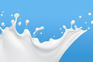 AI generated Fresh dairy products in motion white milk or yogurt splash in wave shape isolated on blue background. created with Generative AI photo