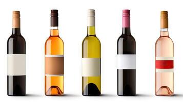 AI generated Collection of blank wine bottles mockup on white background for product branding and advertising. created with Generative AI photo