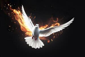 AI generated Flying White Dove with Fiery Glow on a Dark Background, Embodying Peace and the Gifts of the Holy Spirit. created with Generative AI photo