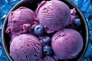 AI generated Scrumptious Blueberry Ice Cream Scoops in a Glass Container. created with Generative AI photo