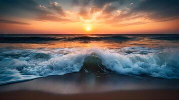 ai generado sereno amanecer terminado el mar con hermosa espumoso olas Lavado en contra el costa. creado con generativo ai foto