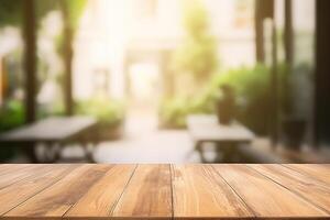 ai generado vacío de madera mesa en café tienda con borroso antecedentes. creado con generativo ai foto