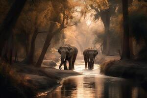 AI generated Elephants in Serene Forest Stream in their Natural Habitat. created with Generative AI photo