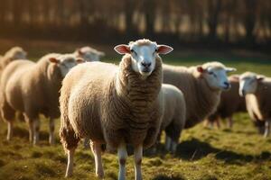 ai generado sereno oveja pasto en lozano pasto granja en el campo. creado con generativo ai foto