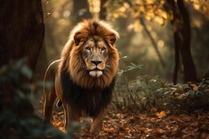 ai generado majestuoso león en pie todavía en el bosque. creado con generativo ai foto