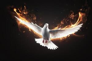 AI generated Flying White Dove with Fiery Glow on a Dark Background, Embodying Peace and the Gifts of the Holy Spirit. created with Generative AI photo