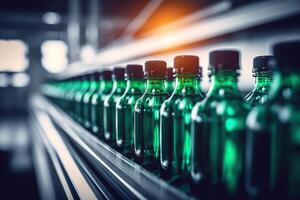 AI generated Efficient Bottling Process Line of Beverages Bottled in Plastic, Illuminated Factory Setting. created with Generative AI photo