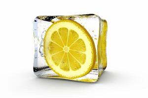 AI generated Refreshing Lemon in Ice Cube Isolated on White Background. created with Generative AI photo