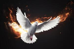 AI generated Flying White Dove with Fiery Glow on a Dark Background, Embodying Peace and the Gifts of the Holy Spirit. created with Generative AI photo