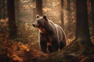 AI generated Bear Standing Still in the Serene Forest. created with Generative AI photo