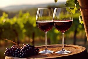 ai generado romántico vino saboreo en el viñedo dos lentes de rojo vino con escénico puntos de vista. creado con generativo ai foto