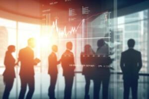 AI generated Blurred Business People in a Modern Office with Real-Time Stock Market Data.created with Generative AI photo