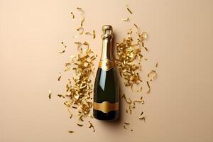 AI generated Celebrate with Champagne Bottle of Champagne with Gold Glitter. created with Generative AI photo