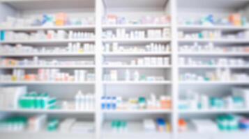 AI generated Pharmacy Drugstore Abstract Background with Healthcare Products on Shelves. created with Generative AI photo