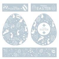 Set of templates for decorating Easter eggs. Happy Easter. Seamless Easter pattern on blue background with white silhouette of Easter bunnies and eggs in vintage style with floral elements. vector