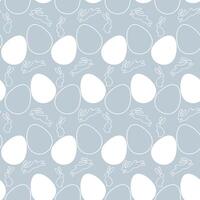 Seamless Easter pattern on blue background with white silhouette of Easter bunnies and eggs in vintage style. Unique design template for holiday decorations, printing and web use. vector