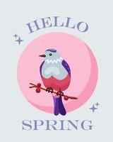 Hello spring. Greeting card with the beginning of spring on blue background. Cute little bird in pink and blue on round background. Magical illustration in retro and groovy style. vector