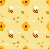Honey pattern with bees for beekeepers and honey products. Cute summer yellow pattern with bees collecting honey. Minimalistic Flat lay design for food packaging and beekeeping design vector