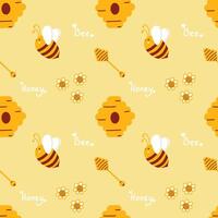 Honey pattern with bees for beekeepers and honey products. Cute summer yellow pattern with bees collecting honey. Minimalistic Flat lay design for food packaging and beekeeping design vector