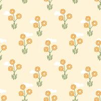Abstract seamless pattern with bright orange flowers on beige background. Spring and summer pattern for printing on fabrics and dresses. Packaging paper and scrapbooking design. vector
