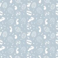 Seamless Easter pattern on blue background with white silhouette of Easter bunnies and eggs in vintage style with floral elements. Unique design template for holiday decorations, printing and web use. vector