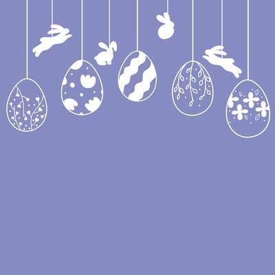 Easter card with garland of vintage Easter eggs and bunnies on blue background with place for your text. Garland with silhouettes of vintage eggs suspended on strings with bunnies.