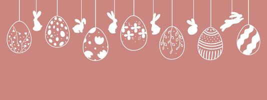 Easter banner with garland of vintage Easter eggs and bunnies on pink background with place for text. Garland with silhouettes of vintage eggs suspended on strings with bunnies. Doodle style. vector