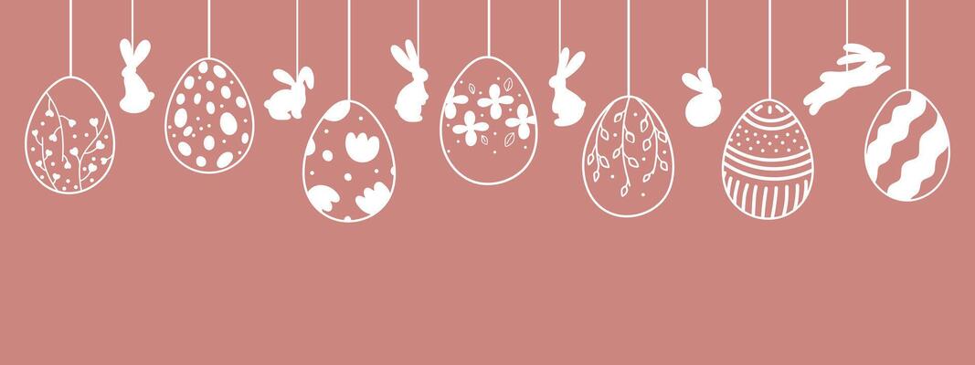 Easter banner with garland of vintage Easter eggs and bunnies on pink background with place for text. Garland with silhouettes of vintage eggs suspended on strings with bunnies. Doodle style.