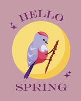 Hello spring. Greeting card with the beginning of spring on violet background. Cute little bird in pink and blue on round background. Magical illustration in retro and groovy style. vector