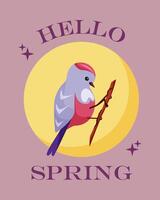 Hello spring. Greeting card with the beginning of spring on violet background. Cute little bird in pink and blue on round background. Magical illustration in retro and groovy style. vector