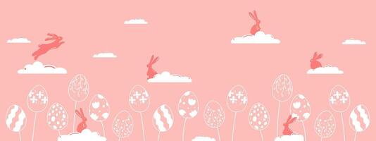 Pink banner for Easter decoration. Silhouettes of Easter bunnies with clouds and eggs in vintage style with floral elements. Unique design for the decoration of Easter goods and web use. vector