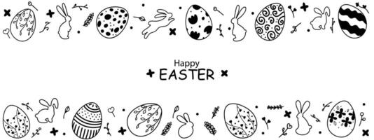 Banner for Easter decoration. Black and white silhouettes of Easter bunnies and eggs in vintage style with floral elements with inscription in the center of Happy Easter. vector