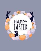 Easter Postcard on blue background. Easter wreath of orange, pink and purple eggs with silhouettes of bunnies as frame with the text of Happy Easter in cartoon style. vector