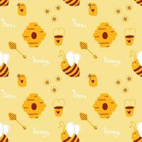 Honey pattern with bees for beekeepers and honey products. Cute summer yellow pattern with bees collecting honey. Minimalistic Flat lay design for food packaging and beekeeping design vector