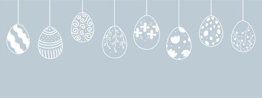 Easter web banner with garland of vintage Easter eggs on blue background with place for text. Garland with silhouettes of vintage eggs suspended on strings. vector