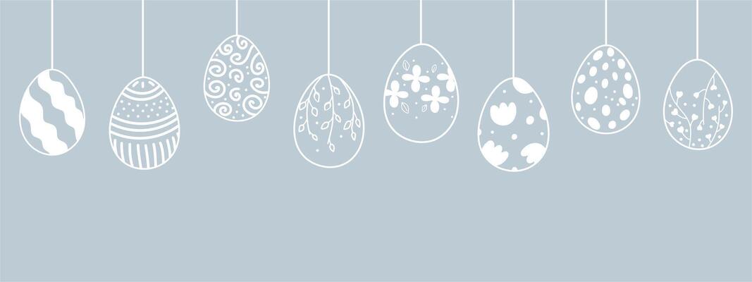 Easter web banner with garland of vintage Easter eggs on blue background with place for text. Garland with silhouettes of vintage eggs suspended on strings.
