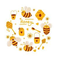 Honey set with bees, daisies, spoons, nectar, arranged in circle for unique postcard design, printing on clothes. Cute children's illustration in flat lay style with frandly honey bees vector