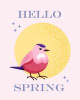 Hello spring. Greeting card with the beginning of spring. Cute little bird in pink and blue on round background. Magical illustration in retro and groovy style. vector