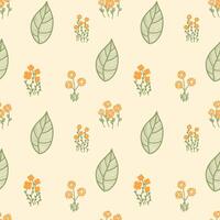 Abstract seamless pattern with bright orange flowers and vintage leaves on beige background. Spring and summer pattern for printing on fabrics and dresses. Packaging paper and scrapbooking design. vector