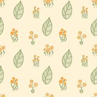 Abstract seamless pattern with bright orange flowers and vintage leaves on beige background. Spring and summer pattern for printing on fabrics and dresses. Packaging paper and scrapbooking design. vector